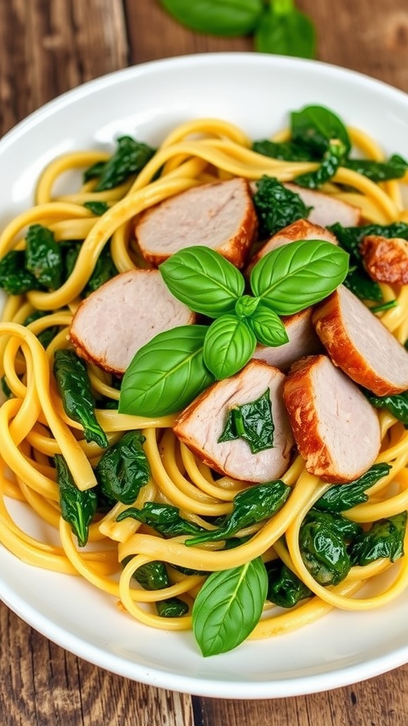 Creamy duck and spinach fettuccine with basil on a rustic wooden table.